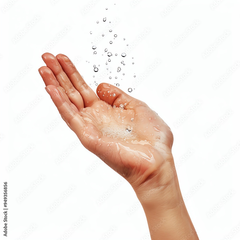 Hand catching water droplets against a white background, showcasing the concept of cleanliness, freshness, and hydration. Hand catching water droplets against a white background, showcasing the concept of cleanliness, freshness, and hydration.