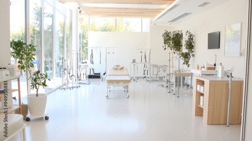 Modern White Therapy Room with Equipment and Plants Modern White Therapy Room with Equipment and Plants