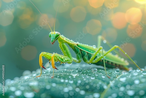 A macro shot of a vivid green praying mantis, perched on a dew-covered leaf, with a soft-focus background of a lush garden at dawn. photo