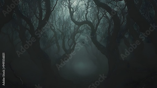 A dark mysterious forest with twisted forms and dense fog photo