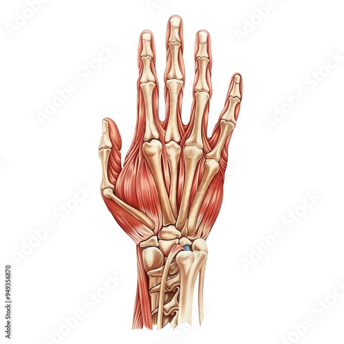 Detailed anatomical illustration of the human hand, showcasing bones, muscles, and tendons in a realistic artistic style. photo