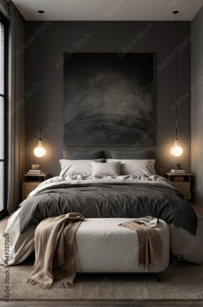 Modern Minimalist Bedroom with Grey Walls and a Large Abstract Painting