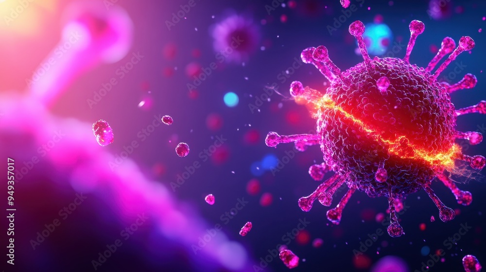 Dynamic 3D Visualization of Virus-Infected Cell Under Attack by Antibodies, Cellular Structure Collapsing, Copy Space Available for Text Dynamic 3D Visualization of Virus-Infected Cell Under Attack by Antibodies, Cellular Structure Collapsing, Copy Space Available for Text