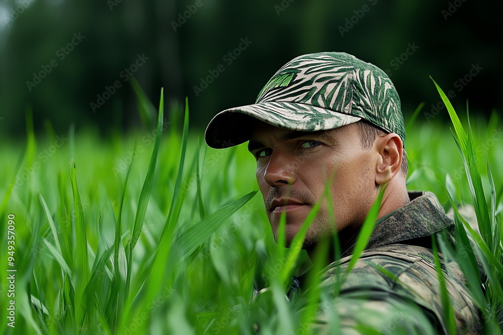 Hunting Forest with a hunter moving silently through tall grass, captured in a photo where the grass almost hides the hunter, who is focused and alert Hunting Forest with a hunter moving silently through tall grass, captured in a photo where the grass almost hides the hunter, who is focused and alert