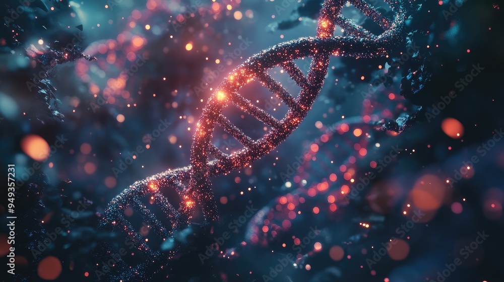 DNA double helix structure with glowing edges, surrounded by abstract particles, emphasizing genetic technology. DNA double helix structure with glowing edges, surrounded by abstract particles, emphasizing genetic technology.