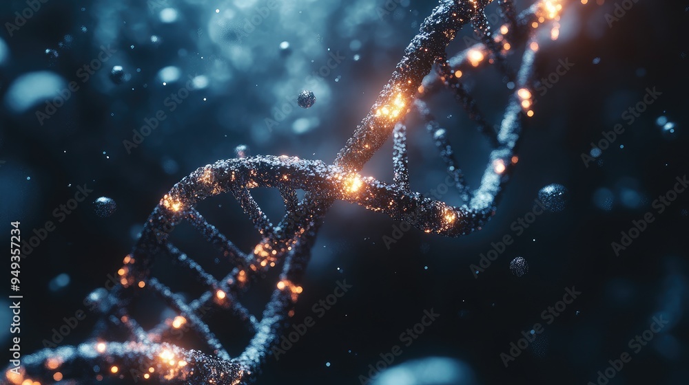 DNA double helix structure with glowing edges, surrounded by abstract particles, emphasizing genetic technology. DNA double helix structure with glowing edges, surrounded by abstract particles, emphasizing genetic technology.