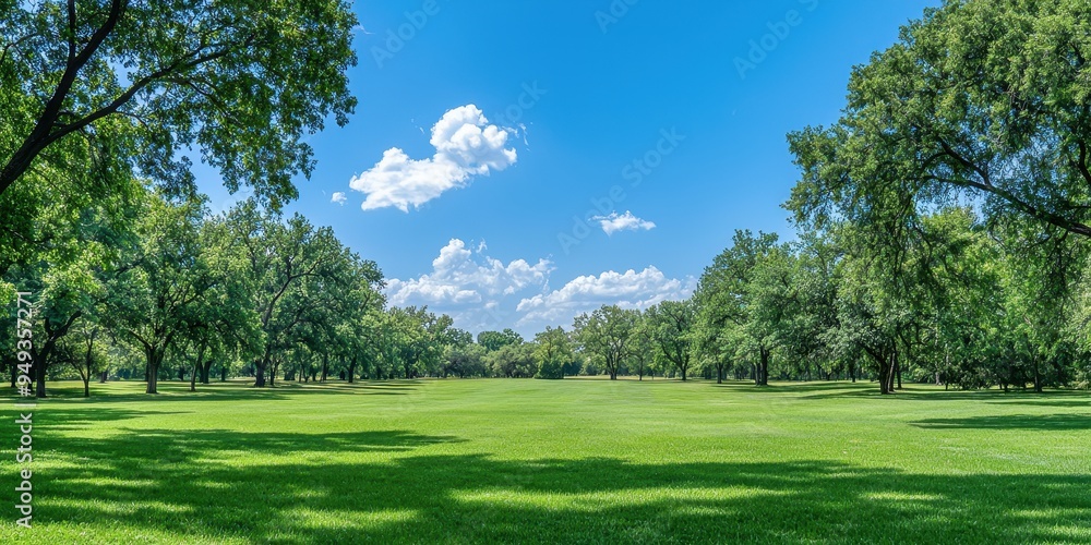 Green Grass Field in Park With Blue Sky and White Clouds Green Grass Field in Park With Blue Sky and White Clouds