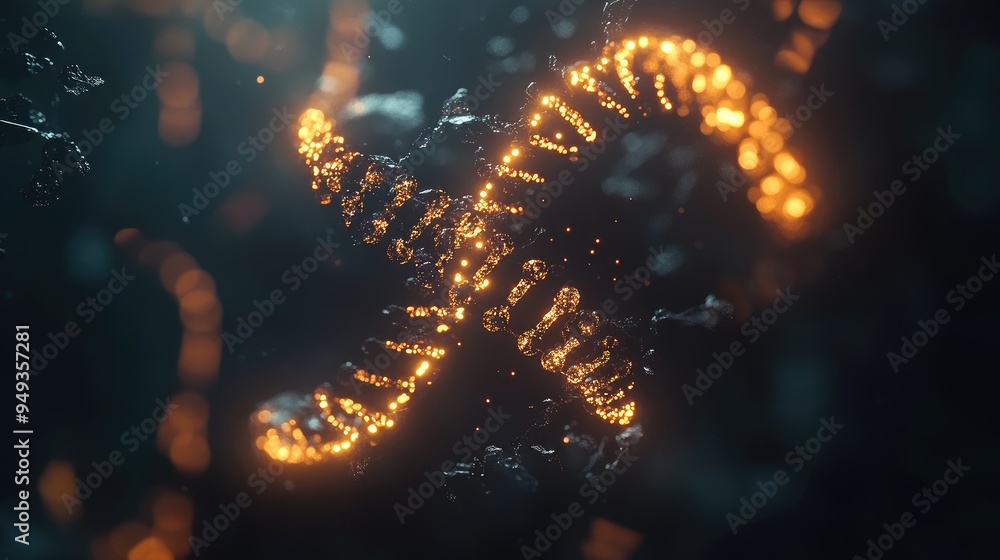 DNA double helix with glowing, abstract particles, floating in a dark environment, symbolizing genetic technology. DNA double helix with glowing, abstract particles, floating in a dark environment, symbolizing genetic technology.