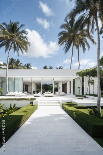 Modern Tropical Villa with White Exterior and Palm Trees