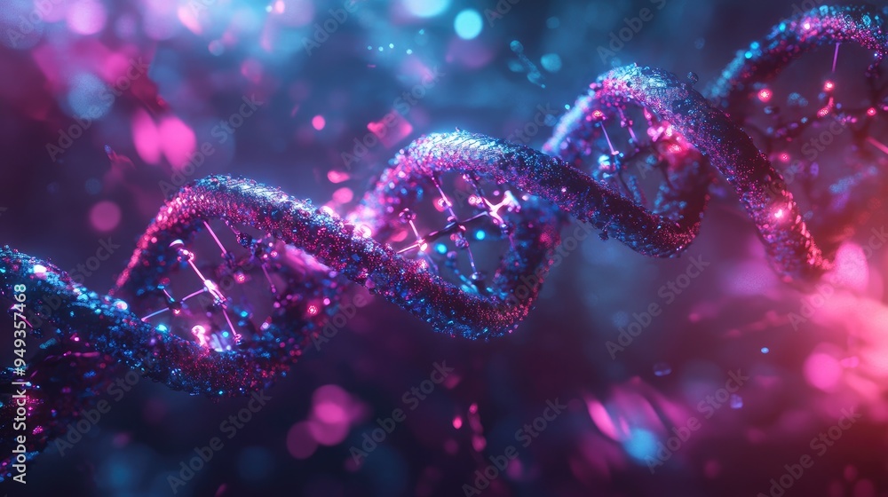 DNA strand with metallic and glowing elements, intertwined with abstract shapes, symbolizing the future of genetics. DNA strand with metallic and glowing elements, intertwined with abstract shapes, symbolizing the future of genetics.