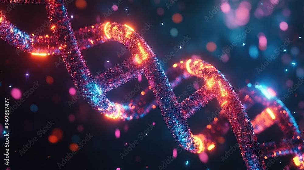 DNA strand with metallic and neon elements, representing the future of genetic research and technology. DNA strand with metallic and neon elements, representing the future of genetic research and technology.
