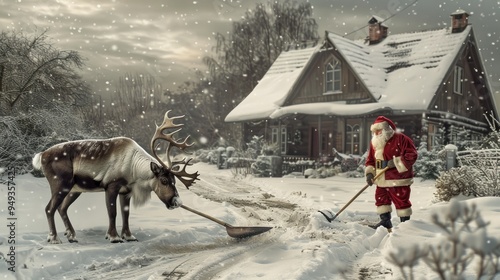 Santa Claus Shoveling Snow With a Reindeer Watching