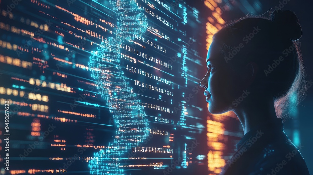 Obraz premium Futuristic representation of a DNA strand in a digital environment, surrounded by data codes, emphasizing genetic engineering.