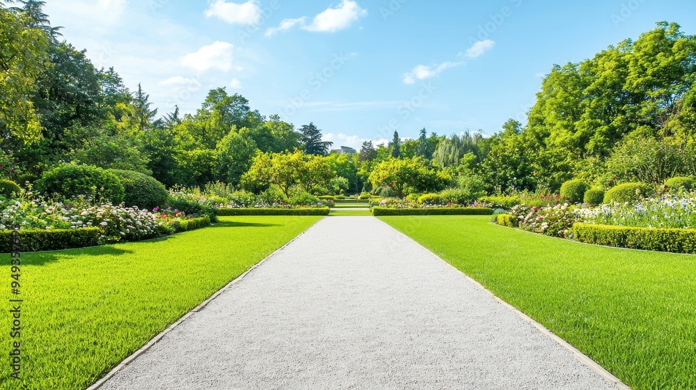 Green Grass Path in Park with Trees and Flowers Green Grass Path in Park with Trees and Flowers