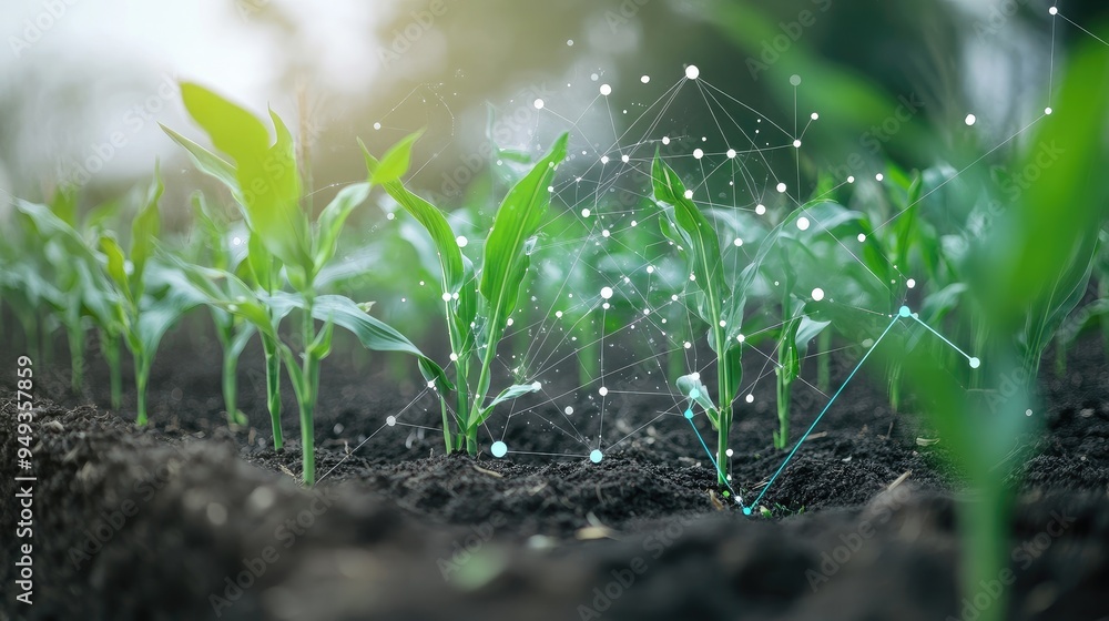High-tech farming setup with corn seedlings and IoT sensors, alongside an infographic showing smart agriculture 4.0 data. High-tech farming setup with corn seedlings and IoT sensors, alongside an infographic showing smart agriculture 4.0 data.