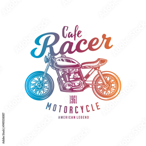 Cafe racer custom motorcycle. Original vector illustration in vintage style isolated on white background. T-shirt design.