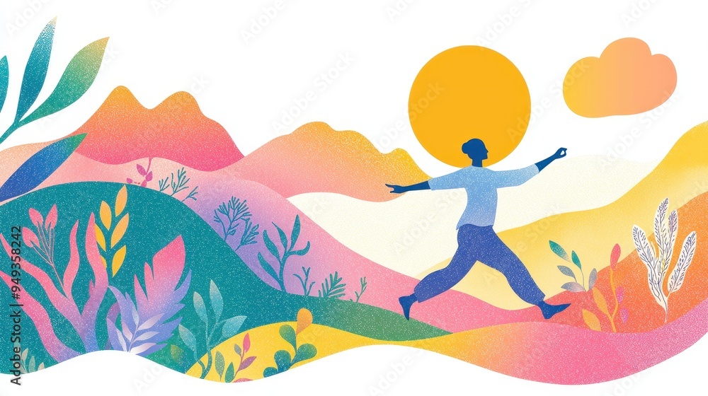 Joyful Person Walking Through Colorful Landscape with Sun and Cloud Illustration Joyful Person Walking Through Colorful Landscape with Sun and Cloud Illustration