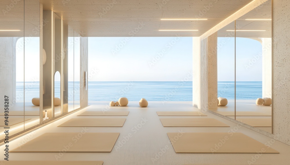 Beachfront Yoga Retreat: Minimalist Decor with Sandy Mats and Reflective Mirrors. Beachfront Yoga Retreat: Minimalist Decor with Sandy Mats and Reflective Mirrors.