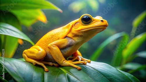 Vibrant Panamanian golden frog with iridescent yellow skin and dark eyes perches on a lush green leaf in a misty tropical rainforest environment. photo