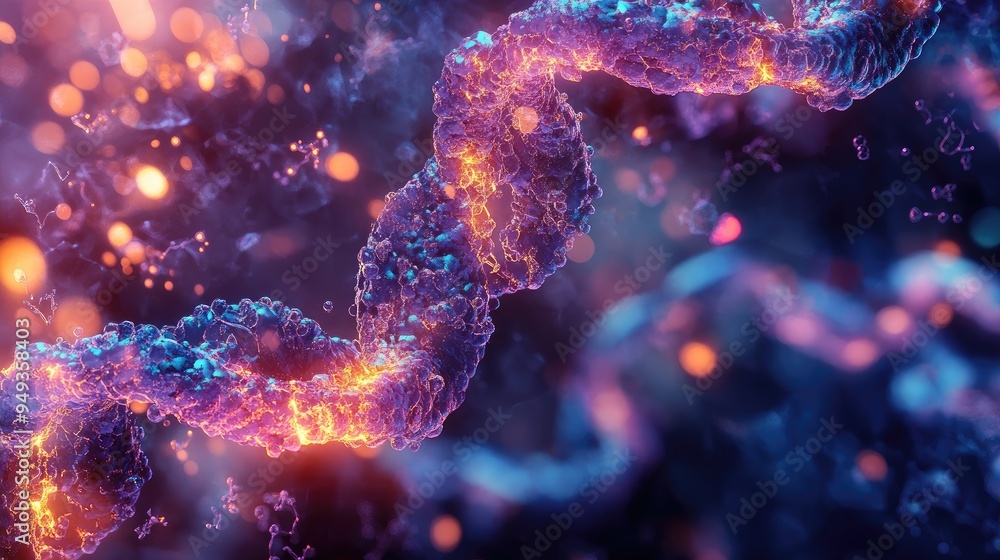 Molecular model of chromosomes intertwined with glowing chemical structures, emphasizing the complexity of genetic science. Molecular model of chromosomes intertwined with glowing chemical structures, emphasizing the complexity of genetic science.