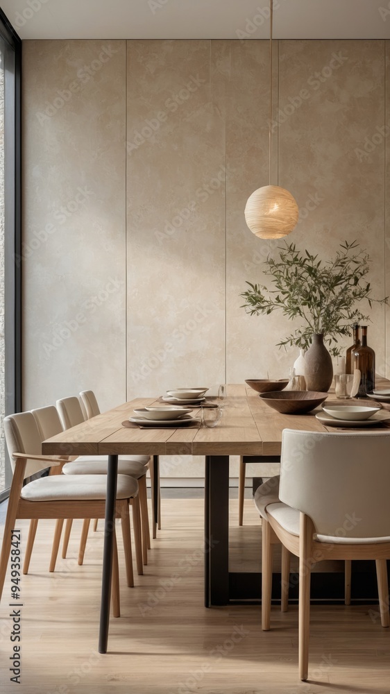 Fototapeta premium Minimalist Dining Room with Wooden Table and Beige Walls
