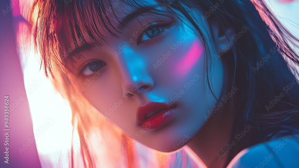 A young woman with striking features poses against a colorful backdrop during a vibrant evening setting A young woman with striking features poses against a colorful backdrop during a vibrant evening setting