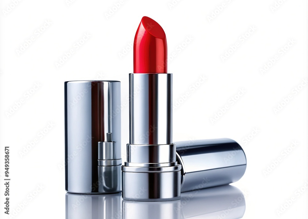Vibrant red lipstick stands upright on a crisp white background, its sleek metallic case reflecting light, highlighting the rich, bold color of the lipstick itself. Vibrant red lipstick stands upright on a crisp white background, its sleek metallic case reflecting light, highlighting the rich, bold color of the lipstick itself.
