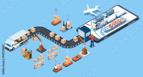 Automated Guided Vehicles (AGVs) with 5G-enabled mobile tech, vision systems, and virtual mapping revolutionize logistics, boosting transport efficiency and smart warehouse management. vector eps10
