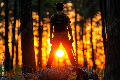 Hunting Forest with a lone figure against the setting sun, illustrated with the silhouette of a hunter framed by the warm colors of dusk, creating a dramatic, contemplative scene photo