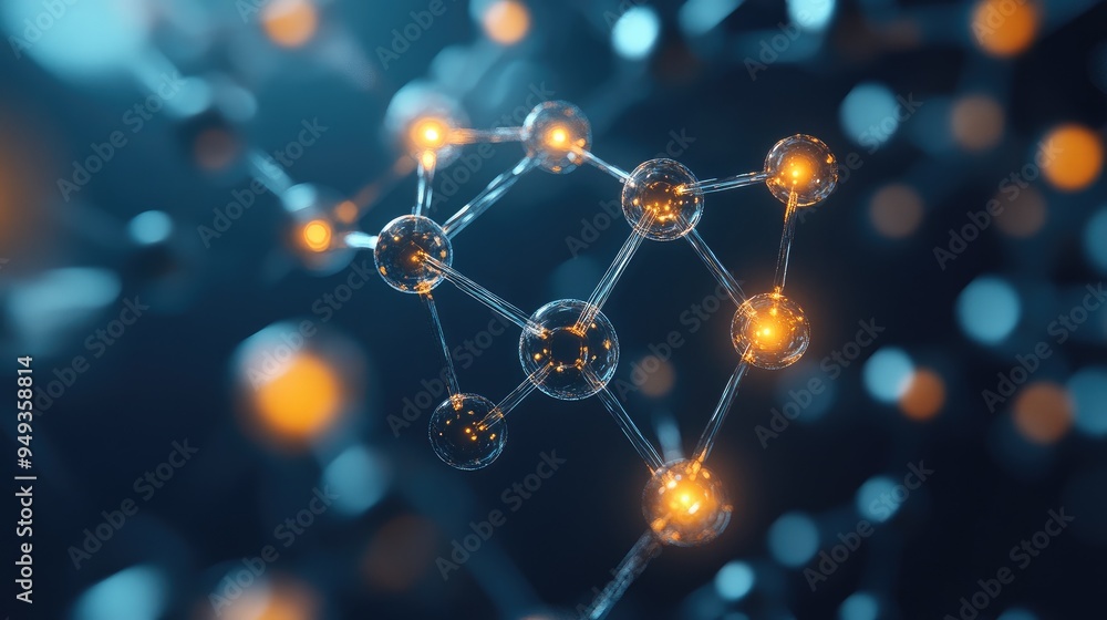 Molecular model with glowing, interconnected atoms, floating on a dark, tech-inspired background, emphasizing the complexity of chemistry. Molecular model with glowing, interconnected atoms, floating on a dark, tech-inspired background, emphasizing the complexity of chemistry.