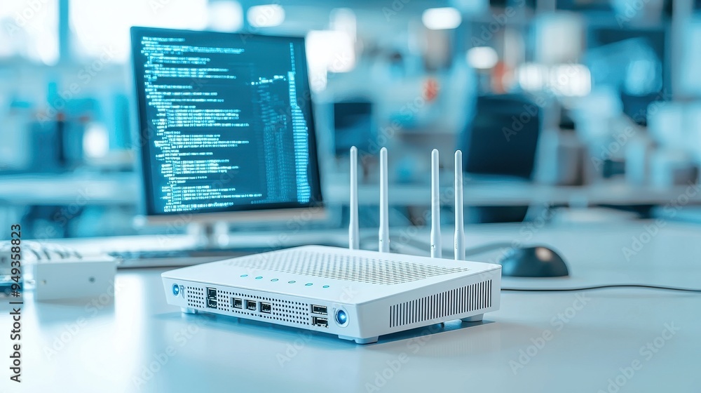 Modern Wireless Router with Antennas and Computer Monitor in Office Setting Modern Wireless Router with Antennas and Computer Monitor in Office Setting