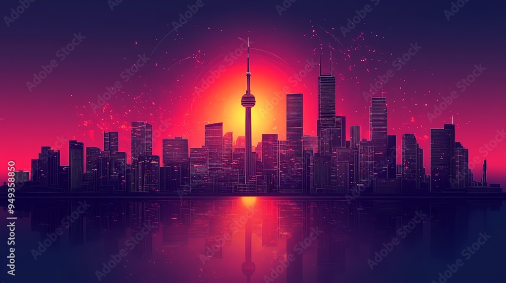 Obraz premium Silhouette of a city skyline at sunset with a vibrant gradient background.