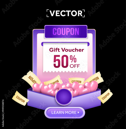 3d valentine coupon is being printed from a slot of a sale booth, with many pink heart bubbles, flying golden gift vouchers isolated. Giveaway coupon code popup banner template. 3d vector illustration