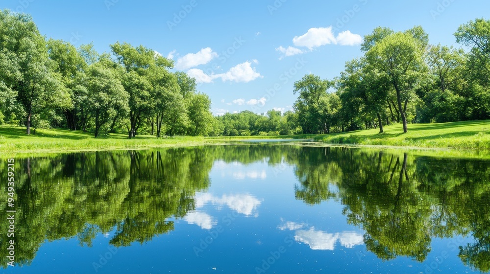 Tranquil Pond with Lush Green Trees and Blue Sky Reflection Tranquil Pond with Lush Green Trees and Blue Sky Reflection