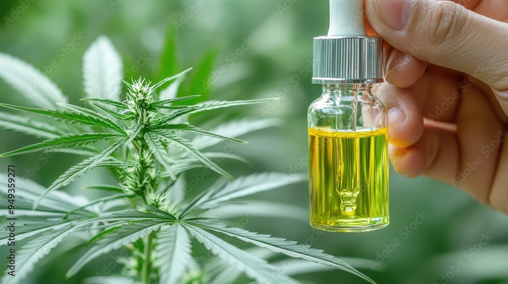 Fototapeta premium CBD Oil Dropper Bottle and Marijuana Plant