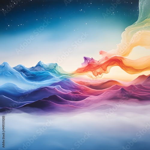 Celestial Veil: A vibrant dreamscape of ethereal mountain peaks, their majestic forms swathed in flowing, rainbow-hued nebulae beneath a starlit sky. photo