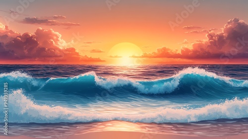 Serene sunset over the ocean with crashing waves and a golden sky. photo