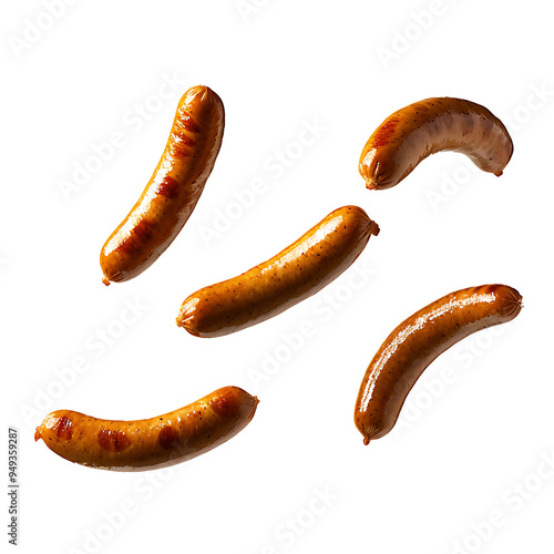 Four grilled sausages are floating in mid-air against a white background. photo