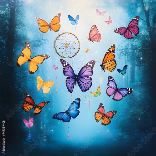 Enchanted Forest Flutter: Butterflies dance around a dreamcatcher in a whimsical woodland setting, their vibrant hues illuminating the magical scene. 