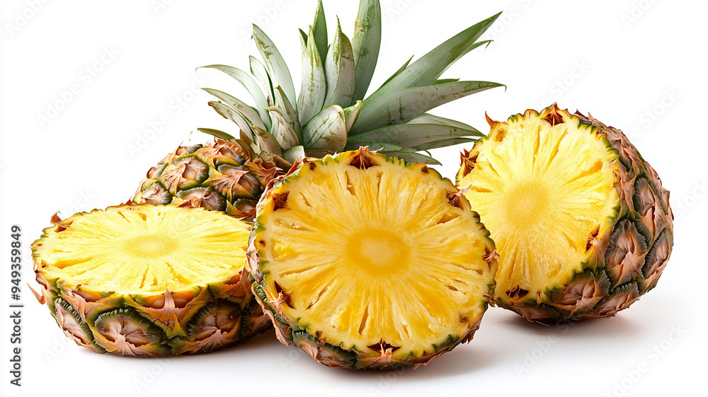 A pineapple is cut in half and has a yellow center A pineapple is cut in half and has a yellow center