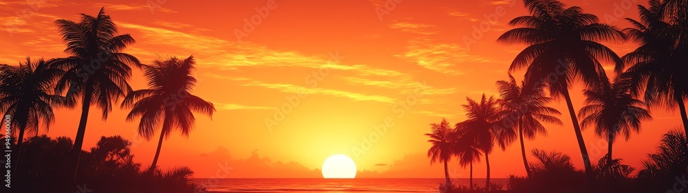 Fototapeta premium Silhouettes of palm trees against a vibrant orange sunset sky.