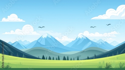 Cartoon Mountain Range Landscape with Green Meadow and Clouds