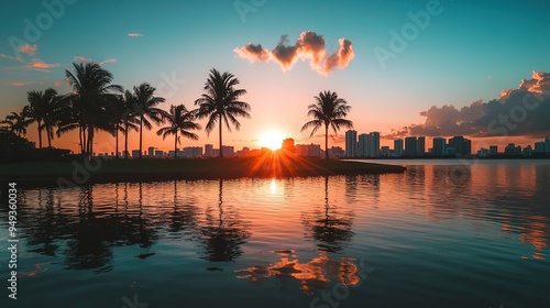 Vibrant Sunset Over a City Skyline with Palm Trees and a Reflecting Lake, Capturing the Urban Miami Vibes. 