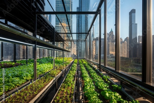 Urban vertical farm inside a glass building with rows of plants. The city skyline is visible in the background, Generative AI