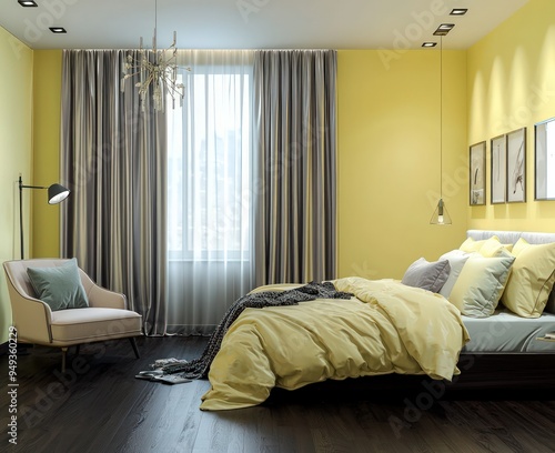 Sleek bedroom with lemon-yellow walls, dark flooring, platinum curtains, and a pastel bed.