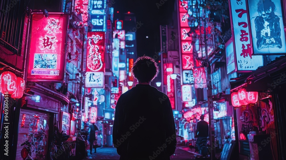 Neon Lights and Shadows in a Japanese Alleyway Neon Lights and Shadows in a Japanese Alleyway