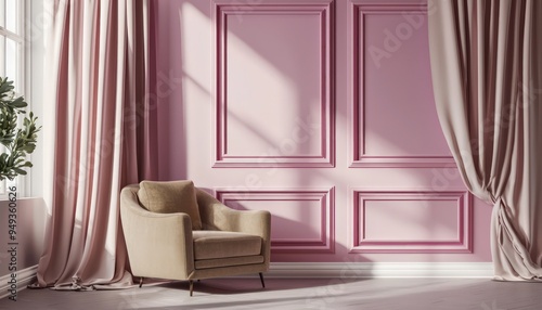 Elegant living area in 3D with magenta frames, sepia chair, and light pink curtains.