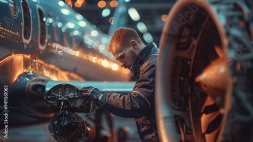 A mechanic doing engine inspection on the plane photo