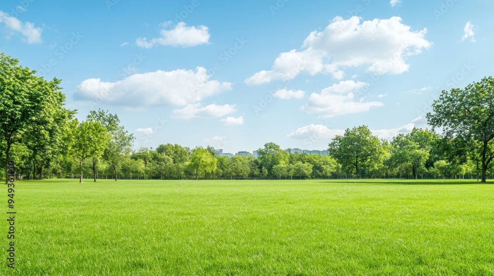 Obraz premium Green Grass Lawn In Park With Blue Sky And Clouds