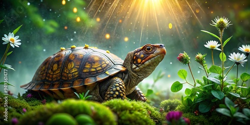 Within misty morning dew, a majestic box turtle glows, its intricately patterned shell glistening with dew drops, radiating serenity and ancient wisdom. photo